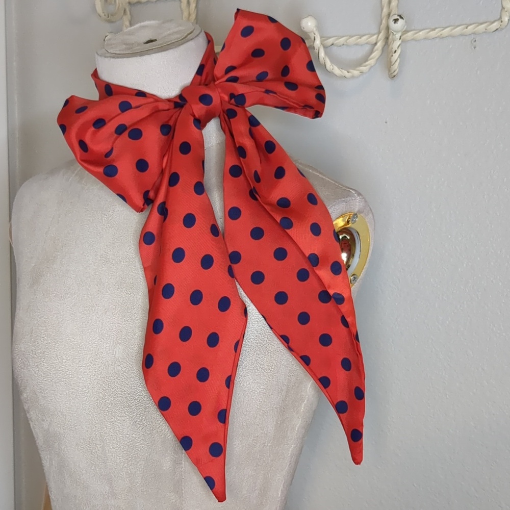 Vintage 80s Red Scarf Navy Blue Polka Dots Long Rectangle Classic Timeless